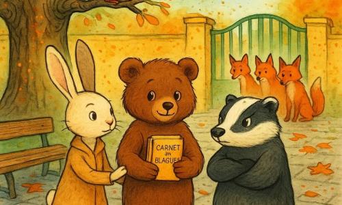 Bruno, un giovane orso dal pelo bruno cacao, viso rotondo e occhi nocciola, appare sollevato e timido, in piedi al centro con un taccuino di barzellette e un sorriso esitante; a sinistra Lalla, una lepre piccola dalle lunghe orecchie bianche e musetto rosa, dritta e determinata, tiene la zampa di Bruno per sostenerlo; a destra Max, un tasso tozzo bianco e nero, braccia conserte e sguardo fermo come scudo amichevole; Filo, uno scoiattolo rossiccio dagli occhi vivaci, è su un ramo basso del grande castagno, pronto a saltare per aiutare; sullo sfondo tre volpi (Red, Vicky e Leo) dalle sagome sottili e pelo rosso vivo, confuse e un po’ imbarazzate, che si allontanano; la corte della scuola è lastricata di lastre grigie con foglie autunnali arancioni, un castagno nodoso a centro-sinistra, panchine di legno consumato e una piccola cancellata verde; scena principale: un gruppo di amici si raduna attorno a Bruno per difenderlo durante la ricreazione, atmosfera chiara e visiva con gesti di unità, sguardi protettivi, colori caldi (bruni, arancioni, verdi) in contrasto con i toni vivaci delle volpi, linee a inchiostro nette, ombre morbide e texture del pelo dettagliate.