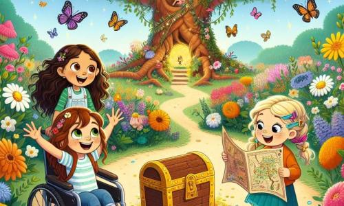In un giardino magico, tre piccole avventuriere sono riunite. Lia, una ragazza di 7 anni con lunghi capelli castani e occhi scintillanti, tiene una mappa del tesoro con un grande sorriso. Alla sua destra, Emma, una ragazza di 8 anni in sedia a rotelle, ha capelli biondi e occhiali tondi, guarda la mappa con entusiasmo. A sinistra, Zoe, una ragazza di 6 anni con capelli ricci e trecce colorate, salta di gioia, le braccia alzate verso il cielo. Il giardino è pieno di fiori vivaci, mentre farfalle colorate volano intorno a loro. Al centro, un grande albero maestoso nasconde una scatola del tesoro ai suoi piedi. Le tre amiche scoprono insieme la scatola nascosta, i loro volti illuminati dall'eccitazione, pronte ad aprirla per scoprire le dolcezze e le sorprese che contiene.