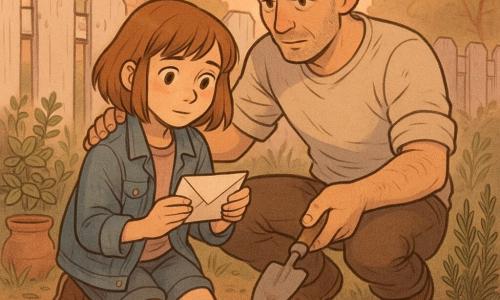 Ci sono due personaggi: Nora, 12 anni, capelli castano chiaro al carré, occhi nocciola, giacca di jeans e ginocchia sporche, è inginocchiata tenendo una lettera piegata sopra una piccola buca vicino alla recinzione; il padre, circa 40 anni, viso stanco ma sereno, capelli corti sale e pepe, maglietta con maniche arrotolate, accovacciato accanto a lei le porge una paletta di metallo e posa una mano sulla sua spalla. Luogo: giardino di una casa modesta al crepuscolo con aiuole di aromatiche, vasi di ceramica consumata, terra appena scavata, recinzione di legno bianco scrostata, luce calda arancio-rosa e erba un po' alta. Situazione: scena intima e tranquilla: la bambina interra una lettera aiutata e sostenuta dal padre, gesti lenti e cura affettuosa, tono triste ma caloroso, colori caldi e pastello, stile morbido e rotondo come una dolce vignetta.