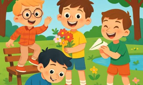 Er zijn 4 kinderen: - Sam: een 8-jarig jongetje met rommelig bruin haar en sprankelende ogen. Hij draagt een felgele t-shirt en een blauwe short. Hij staat in het midden, glimlachend, met een boeket bloemen. - Daan: een 9-jarig jongetje met blond haar en ronde bril. Hij draagt een rood geruit overhemd en een beige broek. Hij staat links van Sam, met een voet op de rand van een bank. - Lucas: een 8-jarig jongetje met kastanjebruin haar en een grote glimlach. Hij draagt een groene t-shirt en een oranje short. Hij staat rechts van Sam, bezig met het vouwen van papier om een vliegtuigje te maken. - Milan: een 7-jarig jongetje met zwart haar en sproeten. Hij draagt een blauwe t-shirt en een korte broek. Hij zit voor Sam, kijkend naar een klein slakje op de grond. De locatie is een groene park, vol met kleurrijke bloemen en bomen met heldere bladeren. Een grote blauwe lucht strekt zich boven hen uit, met enkele witte wolken. Op de achtergrond is er een klein vijvertje waar eenden zwemmen. De hoofdscene toont de kinderen die samen genieten van een lente schattenjacht, lachend en spelend, omringd door de schoonheid van de natuur. Ze ontdekken bloemen, insecten en verwonderen zich over de kleine schatten die de lente biedt.