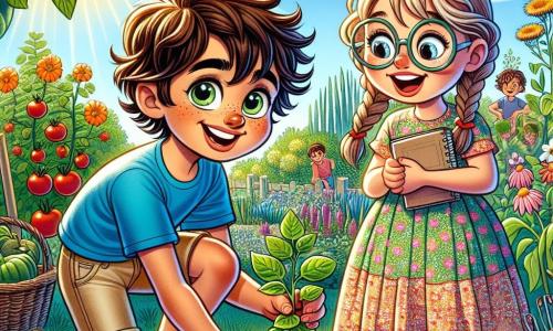 Un ragazzo di 12 anni, di nome Luca, con capelli castani disordinati e occhi pieni di curiosità, è accovacciato in un giardino soleggiato, con le mani piene di terra e un sorriso orgoglioso. Indossa una maglietta blu vivace e pantaloni corti beige, e tiene in mano una piccola pianta verde appena trapiantata. Accanto a lui, una ragazza di 11 anni, Eva, con capelli biondi intrecciati e occhiali rotondi, osserva con entusiasmo mentre annota informazioni sulle piante in un quaderno. Indossa un vestito a fiori colorati e sandali. Sullo sfondo, un grande albero di fico offre ombra, mentre un orto vibrante di colori, con pomodori rossi, zucchine verdi e fiori gialli, si estende sotto un cielo azzurro. La scena principale mostra Luca ed Eva che lavorano insieme nell'erba, circondati dai loro amici, tutti felici e concentrati nella creazione di un giardino comunitario, simbolo di amicizia e apprendimento estivo.
