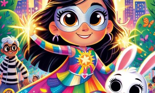 No centro da imagem, Lúcia Luz, uma mulher super-heroína, se mantém orgulhosamente com cabelos dourados brilhantes como o sol e olhos cintilantes de excitação. Ela usa um traje colorido, com uma capa que flutua atrás dela, e suas mãos estão iluminadas por luzes mágicas que dançam ao seu redor. Sua expressão é determinada e alegre, pronta para defender sua cidade. Ao seu lado, o travesso Saltitante, um pequeno coelho de grandes orelhas, salta com entusiasmo. Ele tem pelagem branca e olhos brilhantes de travessura, correndo atrás das luzes criadas por Lúcia, rindo de felicidade. Um pouco mais longe, o Grande Gato, um gato majestoso com pelagem listrada e grandes orelhas, observa atentamente a cena, com olhos grandes e curiosos, pronto para intervir se necessário. O cenário se passa no parque de Colorópolis, um lugar vibrante e colorido, cheio de flores brilhantes e árvores com folhas verdes. O céu é azul com algumas nuvens brancas, e crianças brincam alegremente ao redor, atraídas pela magia de Lúcia. A situação principal mostra Lúcia, com suas mãos iluminadas, criando uma chuva de luzes coloridas para afastar o Terrível Trovão, um vilão que tenta apagar a alegria da cidade. As luzes cintilantes iluminam o parque, trazendo uma atmosfera festiva e heroica.