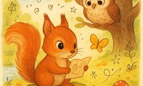 A small red-gray squirrel named Pip with bright eyes and fine whiskers, determined and curious, holds a crumpled paper map on a mossy stump beneath a gnarled oak as a round tawny owl watches from above and a yellow-orange butterfly flutters by; the golden-leafed forest glade, red-and-white mushrooms, a singing stream to the left and a hollow stump revealing a spiral tunnel to the right suggest the start of a treasure hunt, rendered in warm saturated colors with soft rounded lines, pencil and watercolor textures and small overlay doodles (arrows, stars, footprints, tiny sparkling fairy doodles).