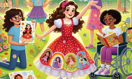 Într-un parc însorit, patru fete stau împreună, înconjurate de flori colorate și copaci verzi. **Andreea** (fată, 10 ani) este în centru, cu părul creț și un zâmbet strălucitor, purtând o rochie roșie cu buline albe și făcând un gest de magie cu o baghetă strălucitoare. **Maria** (fată, 10 ani) se află în stânga, cu părul lung și drept, prins într-o coadă de cal, îmbrăcată într-un tricou albastru și o pereche de pantaloni roz, ținând desene colorate. **Elena** (fată, 10 ani) este în dreapta, cu părul castaniu și ochelari, purtând o bluză albă și blugi, citind o poveste cu o expresie entuziastă. **Ruxandra** (fată, 10 ani) este ușor în spate, într-un scaun cu rotile frumos decorat cu flori, având părul scurt și purtând un tricou violet, zâmbind cu mândrie în timp ce își ascultă prietenele. Parcul este plin de râsete de copii, fluturi zburând și un cer albastru strălucitor, creând o atmosferă veselă și inspiratoare. Fetele sunt reunite pentru a-și împărtăși talentele într-un concurs, fiecare arătându-și creativitatea și încrederea în sine, ilustrând importanța prieteniei și a încurajării.