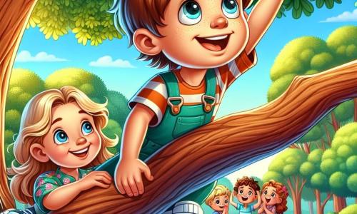 A 10-year-old boy, Oliver, with brown hair and sparkling curious eyes, is determinedly climbing a large branch of a majestic oak tree. His face is lit up with a proud smile, and his cheeks are slightly flushed from the effort. A few meters below, his 7-year-old sister, Lily, with blonde hair and bright eyes, enthusiastically encourages him, arms raised in applause. She is wearing a flower-patterned dress and stands on the green grass, surrounded by a few friends who watch with admiration. The setting is a sunny park, with leafy trees, colorful flowers, and a bright blue sky. The main scene shows Oliver reaching a moment of pride as he stands on the branch, savoring his success and the joy of sharing this moment with his sister and friends.