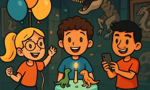 There are 3 characters: Max, a 12-year-old boy with curly brown hair, wearing a blue t-shirt and yellow shorts, standing in the center, smiling with a large dinosaur-themed birthday cake in front of him; Sophie, a 12-year-old girl with a long blonde ponytail and round glasses, to the left of Max, holding colorful balloons and bouncing with excitement; and Ben, a 12-year-old boy with short black hair, wearing a red t-shirt and jeans, to the right of Max, holding a phone and smiling, ready to capture the moment. The setting is a mysterious gallery in a museum, with walls adorned with replicas of mythical creatures and dinosaurs. The dim lighting creates a magical atmosphere, while colorful birthday decorations float in the air, adding a festive touch. The main scene shows the three friends celebrating Max's birthday in this secret room, surrounded by laughter and joy, with the sparkling cake at the center and floating balloons dancing around them.