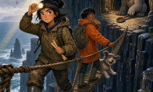 Confident, focused female explorer with hair in a bun, khaki wax jacket, muddy hiking pants and rubber boots holds a lit headlamp and a small folding ruler while cautiously crossing an old rope bridge between vertical black basalt columns; about 12-year-old Sami boy in an oversized orange raincoat and large backpack follows, one hand on the rope and the other clutching a treat, glancing toward a cave entrance behind them; small gray dog Pebble with a floppy ear barks softly near Sami’s feet; a cat-sized gray-feathered cave-dwelling bird with curious eyes and a rope loop around its neck stands on a rock platform near the cave, one foot on a rusty spoon; setting: wet shiny basalt cliffs above a stormy sea, cloudy sky with pale shafts of light and a pale stone slab engraved with lines and circles higher up; mood: tense crossing toward a mysterious cave with warm lamp light contrasting the cool basalt and sea, mutual respect between explorers and creature; style: crisp vector illustration, saturated colors with textured wet rock, worn rope and soft feathers, slight low-angle dynamic framing.