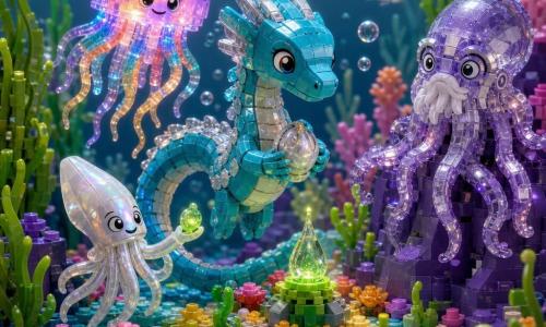 Un piccolo drago marino protagonista, squame turchesi brillanti con riflessi argentei, sguardo dolce e determinato, nuota tenendo contro il petto una piccola conchiglia mentre riceve da una pietra vivente una goccia verde luminosa del Rimedio; dietro di lui Luma, una medusa amica rotonda e traslucida con bagliore rosa-azzurro che illumina il percorso; a destra un polpo custode di vetro con tentacoli sfaccettati posa su una roccia corallina osservando; a sinistra un piccolo calamaro dalle trame nacrate tiene un seme di luce pronto a offrirlo; ambientazione: giardino sottomarino in mattoncini Lego con grandi alghe verdi, fiori marini colorati, rocce coralline rosa-viola e banchi di piccoli pesci argentati, atmosfera luminosa e calda con bolle trasparenti, composizione centrata in stile infantile e giocoso.