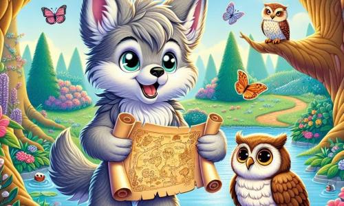 Um pequeno lobo chamado Lucas, com um pelo cinza macio e olhos brilhantes de curiosidade, segura um velho pergaminho em suas patas dianteiras, exibindo um grande sorriso de empolgação. Ao seu lado, uma coruja chamada Zuzu, com penas marrons e olhos redondos e sábios, observa o céu com um ar atento, empoleirada em um galho baixo de uma árvore. O cenário é um jardim encantado, repleto de flores vibrantes, grandes árvores com troncos retorcidos e um lago cintilante onde rãs saltam alegremente. Ao fundo, borboletas gigantes dançam no ar ensolarado. A situação principal mostra Lucas e Zuzu diante de um cruzamento misterioso, onde três caminhos se separam, cada um ladeado por arbustos floridos, e Lucas, com um olhar determinado, parece pronto para escolher um dos caminhos e começar sua grande aventura.