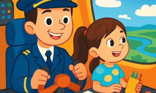 Un tânăr, Luca, stă în cabina unui avion strălucitor, zâmbind larg. Poartă o uniformă de pilot albastră și o șapcă cu un insigne auriu. Ochii lui strălucesc de entuziasm în timp ce ține volanul avionului. Lângă el, o fetiță, Ana, de aproximativ 8 ani, privește cu uimire pe fereastra avionului. Are părul lung și brunet prins într-o coadă de cal și poartă o rochie colorată cu modele de nori. Ține o cutie de creioane colorate, pregătită să deseneze. Cabina este plină de lumini intermitente și instrumente colorate, cu o priveliște spectaculoasă prin fereastră, arătând un cer albastru strălucitor cu nori pufoși. Sub ei, se văd câmpuri verzi și râuri sclipitoare care se serpentinează prin peisaj. Luca și Ana își pregătesc zborul, având planuri de zbor colorate în față. Atmosfera este veselă și plină de aventură, pregătindu-se să decoleze spre noi descoperiri în cer.