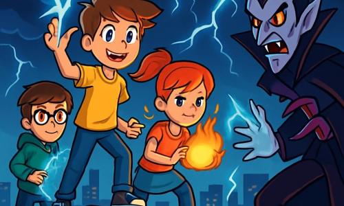 Linus Volt, ein 12-jähriger Junge, steht auf dem Gipfel eines glitzernden Wolkenkratzers, seine strubbeligen braunen Haare wehen im Wind. Seine leuchtend blauen Augen strahlen vor Aufregung und Entschlossenheit, während er eine Hand hebt, bereit, einen elektrischen Schlag zu entfesseln. An seiner Seite konzentriert sich Taya, ein 11-jähriges Mädchen mit feurigen Haaren, um eine Feuerkugel zu erzeugen, ihr Gesicht zeigt Mut und Konzentration. Milo, ein 12-jähriger Junge mit braunen Haaren und Brille, steht etwas im Hintergrund und bildet mit einem ernsten Blick eine Eisbarriere, bereit, seine Freunde zu beschützen. Der Himmel ist stürmisch, mit dunklen, bedrohlichen Wolken, während Blitze den Horizont erhellen. Unten breitet sich die Stadt Nova Lucida mit futuristischen Gebäuden und funkelnden Lichtern aus, was einen starken Kontrast zur angespannten Atmosphäre der Szene bildet. Die drei Freunde bereiten sich darauf vor, gegen Volt-Vampir, einen geheimnisvollen Superschurken, zu kämpfen, der bereit ist, die Energie der Stadt zu stehlen. Die Intensität der Konfrontation ist spürbar, jeder Charakter bereit, für ihr Zuhause zu kämpfen.