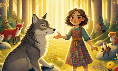 Una niña de 12 años, Clara, con hermosos cabellos rizados color castaño claro, se encuentra en el centro de la escena, mostrando una expresión de determinación y curiosidad. Lleva un vestido colorido con motivos florales y sandalias, y extiende la mano hacia un gran lobo de pelaje gris, que parece suave y triste, sentado sobre una piedra. El lobo, con ojos amarillos brillantes, mira a Clara con una expresión de gratitud, con sus grandes orejas apuntando hacia adelante. Al fondo, se ve un grupo de animales del bosque, como un pequeño zorro rojo y un majestuoso ciervo, que observan la escena con curiosidad, escondidos detrás de arbustos florecidos. El lugar es un claro encantado del bosque, bañado de luz dorada, rodeado de árboles de troncos gruesos y hojas verdes vibrantes, con flores coloridas que cubren el suelo. La situación principal muestra a Clara y al lobo confiando el uno en el otro, simbolizando la amistad naciente entre ellos, mientras se preparan para ayudar a los otros animales del bosque juntos.