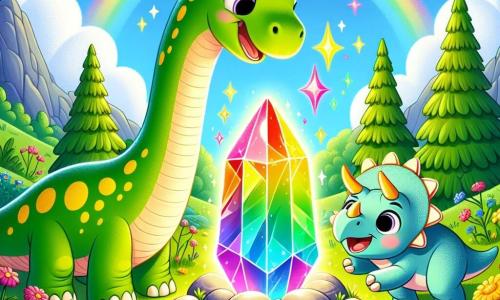 Un diplodocus alegre y curioso, con un largo cuello y una piel verde manchada de amarillo, se encuentra en el centro de la imagen, mirando maravillado un cristal brillante de colores del arcoíris. A su lado, un pequeño triceratops, con cuernos adorables y una piel azul claro, salta de alegría, con los ojos muy abiertos de sorpresa. El fondo es una montaña verde, salpicada de flores coloridas y grandes árboles, bajo un cielo azul brillante con algunas nubes blancas y esponjosas. En primer plano, piedras lisas y brillantes rodean el cristal mágico, que emite un resplandor deslumbrante. La escena principal muestra a Dino y Trico descubriendo juntos el cristal, mientras flores vibrantes emergen del suelo a su alrededor, creando un ambiente mágico y alegre.
