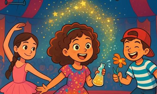 Hay 3 personajes: - Martina: una niña de 9 años, pequeña y chispeante, con cabello rizado y un vestido colorido adornado con purpurina. Está en el centro, sosteniendo un frasco de polvo brillante, lista para usarlo en su número mágico. - Hugo: un niño de 10 años, alto y travieso, con una gorra roja al revés y una camiseta a rayas. Está un poco atrás, riendo mientras sostiene una flor que lanza agua, listo para hacer una broma. - Sol: una niña de 9 años, tranquila y concentrada, con cabello largo trenzado y un tutú rosa. Está a la izquierda, mostrando un movimiento de baile, con una sonrisa alentadora en el rostro. La situación principal se desarrolla en una gran carpa de circo, llena de colores vivos y luces brillantes. El suelo está cubierto de purpurina dorada y confeti, mientras que trapecios y aros suspendidos flotan sobre ellos. En el fondo, se ven espectadores maravillados, con los ojos brillantes de emoción. La escena muestra a los tres amigos preparando su número de circo. Martina sopla polvo de purpurina en el aire, creando una lluvia de estrellas brillantes a su alrededor, mientras Hugo hace una voltereta torpe y Sol baila con gracia, todos juntos en un ambiente alegre y mágico.
