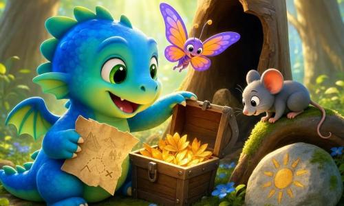 Flin, een klein rond en schattig draakje met glinsterende blauwe en groene schubben en grote groene ogen, opent dapper een houten kistje met gouden blaadjes terwijl hij een gekreukelde papieren kaart vasthoudt; Lina, een lief vlindertje met paarse en oranje vleugels, fladdert er blij boven en bewondert de vondst, en Mino, een kleine grijze muis, staat verlegen op een wortel en gluurt in het kistje; op de voorgrond een holle stronk en een steen met zontekening, bloemen en groen mos, zacht zonlicht valt tussen boomstammen, pastelkleuren, ronde vormen en een warme, kinderlijke sfeer.
