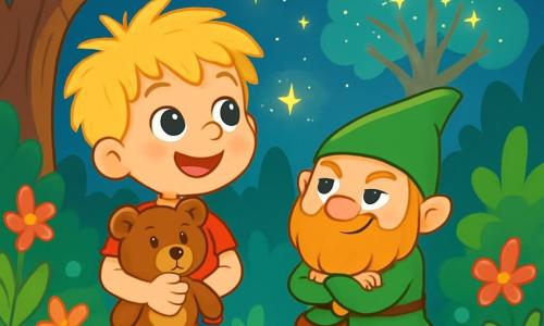 Een vierjarig jongetje genaamd Floris, met rommelig blond haar en grote nieuwsgierige ogen, houdt een teddybeer in zijn armen. Hij heeft een verwonderde glimlach en kijkt in de verte, gefascineerd door een fonkelend licht. Naast hem staat een kleine gnoom genaamd Karel, ongeveer zes jaar oud, met een rode baard en een groene puntige hoed, die hem met een ondeugende blik observeert. Karel staat op een rots, met zijn armen gekruist, klaar om een geheim te delen. De achtergrond is een betoverd bos, met grote bomen met knoestige stammen, stralend groene bladeren en kleurrijke bloemen overal. In de verte schittert de silhouet van een majestueuze boom onder een sterrenhemel, verlicht door dansende sterren rond zijn takken. De belangrijkste situatie toont Floris en Karel, midden in het bos, terwijl ze praten over hun avontuur naar de sterrenboom, omringd door lichtflitsen die een magische en veelbelovende sfeer creëren.