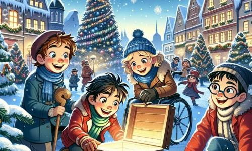 In un incantevole villaggio innevato, quattro amici si trovano al centro della scena. Tommaso, un ragazzo di 10 anni con i capelli castani e un sorriso splendente, sta dissotterrando una vecchia scatola di legno, le mani immerse nella neve. Alla sua destra, Giulia, una ragazza di 9 anni con capelli biondi e ricci, guarda con meraviglia, gli occhi pieni di curiosità. A sinistra, Marco, un ragazzo di 10 anni in sedia a rotelle, sorride gioiosamente, vestito con un cappotto rosso, mentre Luca, un ragazzo di 9 anni con occhiali e capelli neri, si avvicina con un'espressione entusiasta, pronto a scoprire il contenuto della scatola. Lo scenario è magico: case di legno con i tetti coperti di neve scintillante, luci che brillano come stelle e fiocchi di neve che cadono dolcemente dal cielo. In lontananza, maestosi abeti decorati con palline colorate e luci scintillanti. La situazione principale mostra gli amici che scoprono un misterioso tesoro di Natale, una scatola antica, mentre sono circondati dalla magia dell'inverno, pronti a vivere un'avventura indimenticabile.