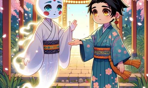 Un joven llamado Hiroshi, de unos 12 años, se encuentra en el centro de la escena. Tiene el cabello negro y brillante, ojos llenos de curiosidad y una cálida sonrisa. Lleva un kimono tradicional azul con motivos de cerezos en flor y está extendiendo la mano hacia un espíritu, con una expresión de determinación y empatía en su rostro. A su lado, Yurei, un espíritu en kimono blanco, flota ligeramente sobre el suelo. Su rostro es pálido y triste, pero sus ojos comienzan a brillar de esperanza. Mira a Hiroshi con gratitud, mientras una suave luz emana de él, iluminando el entorno. El decorado es un antiguo templo, rodeado de faroles de papel de colores que bailan con la brisa. Árboles de cerezos en flor bordean el camino, con pétalos rosas cayendo como nieve. El suelo está cubierto de hojas verdes y doradas, creando una atmósfera mágica y serena. La situación principal muestra a Hiroshi y Yurei celebrando la restauración de la armonía, rodeados de otros espíritus que comienzan a bailar y reír, llenando el aire de alegría y luz. Los colores vivos y las expresiones alegres de los personajes transmiten un sentimiento de felicidad y esperanza.