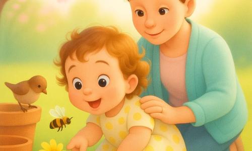 Bambina di 2 anni felice e meravigliata, capelli castani chiari a piccoli ricci, guance rosate, grandi occhi luminosi, con vestitino leggero a pois gialli e scarpine bianche, accovacciata e con il dito verso un fiore giallo; donna di circa 30 anni dietro, sorriso dolce e capelli raccolti in chignon, giacca pastello, la tiene leggermente per la spalla destra e guarda il fiore con tenerezza; piccolo uccellino bruno sul bordo di un vaso di terracotta a sinistra che becca il legno; ape nera e gialla vola vicino al fiore, ali sfocate ma non pericolosa per la bambina; giardino luminoso con prato verde curato, vasi in terracotta, una piccola pozza d'acqua brillante accanto alla bimba e sole mattutino filtrato da rami di ciliegio in fiore; scena primaverile tranquilla, colori pastello vivaci e texture morbide.