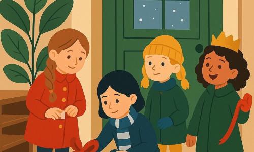 Ci sono quattro bambine di circa 10 anni: una castana chiara con treccia e cappotto rosso a bottoni dorati che tiene una piccola scatola argentata con un grande fiocco rosso e la posa dietro una pianta finta a sinistra; una mora a capelli corti con sciarpa a righe blu e bianca, accovacciata mentre infila un biglietto o un sacchetto nella scatola, al centro-sinistra; una bionda con codini, guanti blu e berretto giallo che fa la “guardia” in piedi a destra della scatola, guardando la porta verde; una bruna riccia con una piccola corona di carta e soprabito verde che tiene un rotolo di nastro rosso e gesticola di gioia leggermente dietro a destra. Luogo: antico ingresso con grande portone in legno verde, pavimento piastrellato beige, pianta finta in vaso accanto a un vecchio mobile per scarpe, luce calda del tardo pomeriggio e fiocchi di neve visibili attraverso la porta vetrata. Situazione: le quattro bambine deposita no discretamente la scatola regalo argentata dietro la pianta preparandosi per un augurio di Capodanno; composizione calma e accogliente, sorrisi, colori caldi in contrasto con l’esterno innevato, dettagli netti come il fiocco rosso, le piastrelle, la trama del legno e i fiocchi di neve.
