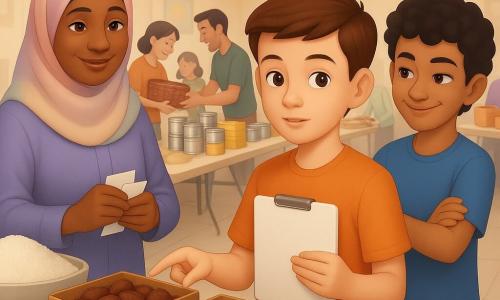 A shy but focused 12‑year‑old boy, Milo, with bright brown eyes and neat short brown hair, holds a white clipboard and points to two boxes of brown dates; an about‑11‑year‑old boy, Sami, with curly black hair and olive skin in a blue T‑shirt, stands slightly behind to the right with arms crossed, encouraging Milo; Ms. Farah, about 40, wearing a pastel headscarf, dark skin and kind eyes, stands behind a table at left holding labels and looking proud; volunteers of all ages and backgrounds stack wicker baskets and pass cans in the background; the scene is a bright, organized community hall lit by golden paper lanterns, with folding tables laden with white rice, silver cans, yellow pasta packs and red‑pattern baskets, tiled floor and cream walls with simple posters; Milo announces in a clear, gentle voice that the dates are behind the canned corn, and others turn and smile, hands moving the date boxes.