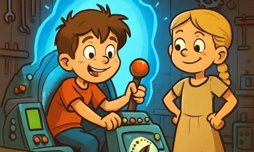 Een 10-jarig jongetje, Lars, met rommelig kastanjebruin haar en nieuwsgierige ogen, zit in een grote tijdmachine. Zijn gezicht toont opwinding en een beetje angst, met een brede glimlach en lichtroze wangen. Naast hem staat een meisje van zijn leeftijd, Lise, met gevlochten blond haar en een eenvoudige katoenen jurk, met haar handen op haar heupen en een vastberaden en aanmoedigende blik. De omgeving is een stoffige garage, vol met oude gereedschappen, houten kisten en vreemde knipperende machines. Achterin straalt een blauwe licht van de tijdmachine, wat een mysterieuze en fascinerende sfeer creëert. Lars is klaar om de grote rode hendel van de machine te bedienen, terwijl Lise hem met een samenzweerderige glimlach aanmoedigt, benieuwd waar de reis hen naartoe zal leiden.