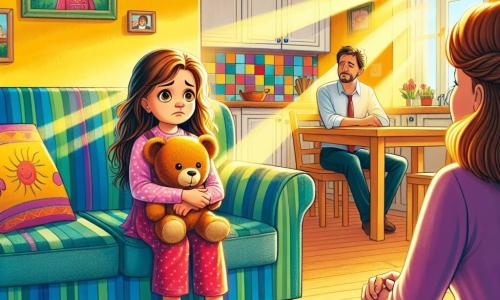 Ein kleines Mädchen von 6 Jahren, Lina, mit langen braunen Haaren und funkelnden Augen, sitzt auf einem bunten Sofa. Sie hat einen besorgten und entschlossenen Ausdruck und hält ihren Teddybär fest. Neben ihr steht ihre Mama, eine Frau in ihren Dreißigern mit braunen Haaren und einem sanften Lächeln, die in der Küche mit den Händen in den Hüften steht und Lina liebevoll ansieht. Der Papa, ein Mann in seinen Dreißigern mit kurzen Haaren und einem leichten Bart, sitzt nachdenklich am Tisch und ist bereit, seiner Tochter zuzuhören. Die Küche ist gemütlich, mit sonnengelben Wänden, einem einladenden Holztisch und Kinderzeichnungen am Kühlschrank. Lichtstrahlen fallen durch das Fenster und erhellen den Raum. Die Hauptsituation zeigt, wie Lina den Mut aufbringt, mit ihren Eltern zu sprechen, um den Konflikt zwischen ihnen zu entschärfen. Sie drückt ihre Gefühle ehrlich aus, während ihre Eltern aufmerksam zuhören, was eine Atmosphäre des Verständnisses und der Liebe schafft.