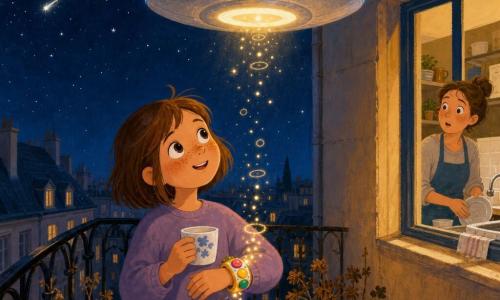 Una bambina di 8 anni dai capelli castani corti con una ciocca ribelle, volto rotondo e lentiggini, occhi grandi e pieni di meraviglia, tiene una tazza di latte tiepido sul balcone guardando il cielo; porta un piccolo braccialetto-giocattolo di plastica con tre pulsanti colorati e lucine, la mano appoggiata sopra come per ascoltare un segreto; un disco volante rotondo e lucido, color argento madreperlaceo con una banda blu luminosa, fluttua sopra il tetto emanando un alone caldo sul balcone; un’«essenza-voce» invisibile appare come onde luminose dorate a forma di punti e anelli che scendono dall’astronave verso il braccialetto; la madre, donna di circa 35 anni coi capelli raccolti e grembiule blu, è visibile dalla finestra della cucina mentre lava i piatti e guarda sorpresa; balcone stretto con ringhiera nera e vasi fioriti appassiti, cielo profondo punteggiato di stelle e una scia luminosa; scena principale: incontro dolce e silenzioso tra la bambina curiosa e il piccolo vascello luminoso, atmosfera notturna tenera, colori caldi e texture spesse che richiamano la gouache, tratti semplici ed espressivi, magica ma rassicurante.