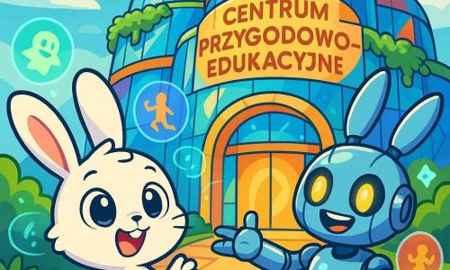 Mały biały króliczek o imieniu Kicuś, z dużymi błyszczącymi oczami i długimi uszami, z zachwytem patrzy na futurystyczny budynek Centrum Przygodowo-Edukacyjnego. Jego wyraz twarzy jest radosny i ciekawski, a małe przednie łapki uniesione jakby był gotowy do skoku z ekscytacji. Obok niego stoi robot o imieniu RoboBunio, z uszami króliczka i błyszczącym metalowym ciałem, uśmiechając się serdecznie. Jego jasne oczy błyszczą z entuzjazmu, gdy wyciąga rękę, aby powitać Kicuśa w centrum. Miejsce to ogromny szklany budynek o zaokrąglonych i kolorowych kształtach, otoczony wiszącymi ogrodami i unoszącymi się w niebie dronami. Hologramy tańczą wokół nich, wyświetlając obrazy gier i przygód. Główna scena pokazuje Kicuśa i RoboBunio przed wejściem do centrum, gotowych na wejście do świata przygód, z żywymi kolorami i migoczącymi światłami, które tworzą magiczną i przyjazną atmosferę.