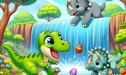 A cheerful velociraptor with green feathers and sparkling eyes jumps near a rainbow waterfall, splashing water enthusiastically. Next to him, a friendly triceratops with gray skin and three horns on its forehead smiles while playing with colorful eggs that have just hatched, standing right beside Rusty. The setting is a lush forest filled with giant trees with shiny leaves and vibrant flowers, under a clear blue sky with fluffy clouds. The scene depicts Rusty and the triceratops having fun together, splashing water from the waterfall while playing with the baby dinosaurs emerging from the eggs.