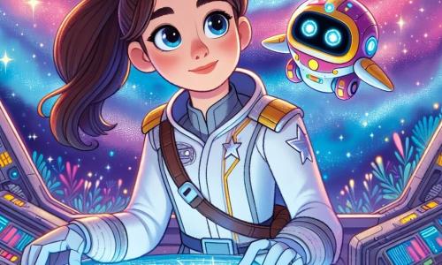 Commandant Zara, een dappere vrouw van rond de dertig, staat trots voor de cockpit van haar ruimteschip, de Starlight Voyager. Ze draagt een schitterend wit uniform met een zilveren ster op de schouder, haar bruine haar is in een paardenstaart gebonden, en haar gezicht straalt vastberadenheid en enthousiasme uit. Naast haar zweeft Blip, een klein robotassistente in felle kleuren, vrolijk in de lucht, met knipperende ogen van opwinding. Hij heeft een ronde vorm en beweegbare armen, en lijkt klaar om Zara te helpen in hun missie. Het schip is omringd door een prachtige kleurrijke nevel, waar tinten blauw, paars en roze samenkomen in een verbluffend schouwspel. Fonkelende sterren verlichten de achtergrond en creëren een magische en mysterieuze sfeer. Zara en Blip onderzoeken een oude kaart gevonden in een verlaten schip, terwijl lichtflitsen om hen heen dansen, symbool voor de mysteries die nog te verkennen zijn.
