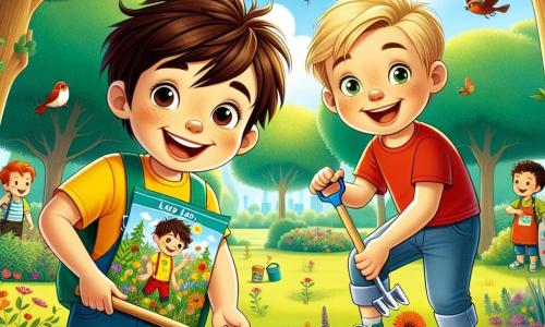 Two six-year-old boys, Leo and Max, stand at the center of the scene. Leo, with messy brown hair and a bright yellow t-shirt, smiles joyfully while holding a small shovel. To his right, Max, with blonde hair and a red t-shirt, excitedly looks at a packet of flower seeds he holds in his hands. They are in a sunny park filled with tall trees with lush green leaves, colorful flowers, and a bright blue sky. Birds are singing in the branches and butterflies are fluttering around the flowers. The main activity shows Leo and Max planting flower seeds in the ground, surrounded by their friends who join them with shovels and watering cans. The atmosphere is joyful and energetic, illustrating the spirit of camaraderie and the children's commitment to caring for nature.