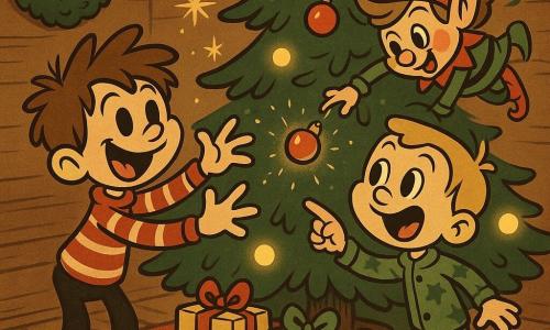 There are three characters: Max, an 8-year-old boy with messy brown hair and a big smile wearing a red-and-white striped sweater, standing left of the tree and reaching for a shiny bauble; Leo, a 6-year-old boy with short blond hair and wide eyes in green starry pajamas, standing right of the tree and laughing while pointing at the little elf; and the Christmas Elf, the size of a cat with a red-and-green pointed hat, rosy cheeks and mischievous eyes, clinging to a low branch and tossing a sparkling bauble toward Max. The scene is inside a warm, wood-paneled bedroom decorated for Christmas with a thick central tree, warm yellow string lights, colorful wrapped gifts at the base, a fluffy red-polka-dot rug, soft lighting and floating starlight dust. The elf shakes the branch and throws the sparkling bauble as Leo laughs, creating a cozy, festive, movement-filled moment with golden glitter in the air.