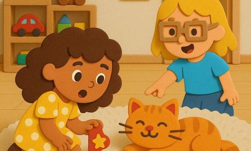 Three characters: Mia, 5, curly brown hair, yellow polka‑dot dress, crouched left holding a small red slipper with a yellow star, amazed; Lucy, 5, straight blond hair, sky‑blue T‑shirt and cardboard glasses, right and slightly behind Mia, pointing at a red plush trail on the floor; Ginger, a female orange tabby cat, fluffy with a loud purr, lying center on a beige rug with the rest of the red sock beside her, mischievous. Interior child’s living room with light wood floor, large beige plush rug, low shelves of colorful toys (red car, brown teddy), a square window with warm light and an open bedroom door at the back. Main scene: the two little detectives discover the red sock found near the cat, with a small red plush trace forming a path on the rug; joyful scene, vivid colors, simple shapes, thick sticker‑like EVA foam textures.