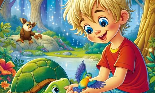 A 3-year-old boy named Leo, with sparkling blue eyes and messy blonde hair, joyfully smiles while holding an injured bird in his hands. He wears a red t-shirt and blue shorts, and his face shows great compassion. Next to him is a wise old turtle named Tully, with a shiny shell and gentle eyes, sitting on a rock and watching Leo with pride. The background features an enchanted forest, where majestic trees with shimmering green leaves rise towards the sky, and colorful flowers dance in the wind. The scene depicts Leo making a small nest with leaves for the bird, illustrating a moment of kindness and friendship in a magical setting.
