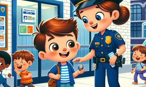 Een zevenjarig jongetje met kastanjebruin haar en nieuwsgierige ogen draagt een blauwe t-shirt en een korte broek. Hij glimlacht enthousiast terwijl hij een kleine politiebadge in zijn hand houdt. Naast hem staat een glimlachende vrouwelijke politieagent van ongeveer dertig jaar met bruin haar in een knot en een marineblauw uniform, die zich iets naar hem buigt en vriendelijk iets uitlegt. Ze staan voor een modern politiebureau met witte bakstenen muren en een grote glazen deur, waar veiligheidsaffiches en informatieschermen zichtbaar zijn. Op de achtergrond staan politieauto's geparkeerd en enkele kinderen spelen vrolijk op de stoep. De scène toont het moment waarop het jongetje de politieagent helpt een zware tas op te rapen die van een oude dame was gevallen, wat de geest van samenwerking en kameraadschap illustreert.
