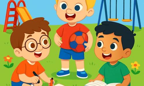 Há 3 personagens: - Lucas: um menino de 5 anos, com cabelos castanhos e óculos redondos. Ele está sentado na grama, segurando lápis de cor e desenhando animais coloridos em uma folha. - João: um menino de 5 anos, com cabelos loiros e olhos azuis. Ele está em pé ao lado de Lucas, segurando uma bola de futebol vermelha e azul, com um grande sorriso no rosto. - Pedro: um menino de 5 anos, com cabelos negros e pele oliva. Ele está sentado em frente a Lucas, com um livro aberto sobre os joelhos, ouvindo atentamente as ideias dos amigos. O cenário é um parquinho colorido, com balanços e um escorregador ao fundo. A grama é verde e fresca, e flores multicoloridas crescem ao redor. O céu é azul com algumas nuvens brancas fofas. A cena mostra os três amigos discutindo alegremente, compartilhando ideias para o cartaz, cercados por desenhos, balões e livros, ilustrando sua diversidade e criatividade.