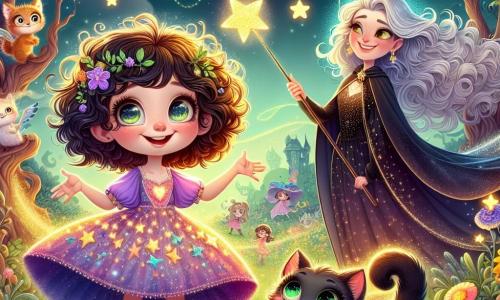 Valentina, una aprendiz de bruja de siete años, está en el centro de la imagen con una gran sonrisa maravillada. Tiene el cabello rizado y desordenado, salpicado de pequeñas hojas, y lleva un vestido violeta adornado con estrellas brillantes. Sus ojos brillan de curiosidad mientras sostiene una varita mágica resplandeciente en una mano, lista para explorar el mundo mágico que la rodea. A su lado está Mico, su gato parlante, un gato negro con ojos verdes chispeantes, que se sostiene sobre sus patas traseras, mirando a Valentina con una expresión traviesa. Al fondo, se ve a la Directora Celestina, una mujer majestuosa con una larga capa estrellada y cabello plateado que flota como nubes, sonriendo cálidamente a Valentina. La escena tiene lugar en un jardín encantado, lleno de flores coloridas que parecen bailar al ritmo de una suave melodía, con árboles de troncos retorcidos y hojas doradas, bajo un cielo azul claro con nubes en forma de criaturas fantásticas. La situación principal muestra a Valentina, Mico y Celestina preparándose para entrar en un portal misterioso que brilla con una luz dorada, simbolizando el comienzo de una aventura mágica llena de promesas y descubrimientos.