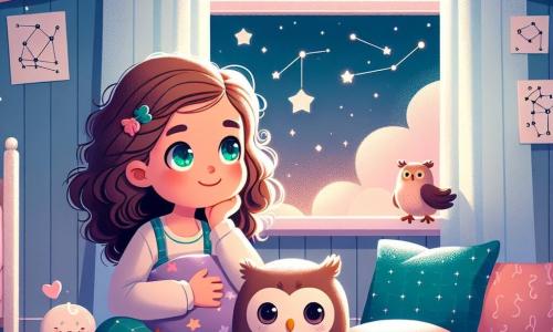Una niña de 5 años, llamada Valeria, con cabello rizado y castaño claro, ojos verdes brillantes y una sonrisa tímida, está sentada en su cama, rodeada de peluches. Mira por la ventana, maravillada por el cielo estrellado, con una expresión de curiosidad y un ligero escalofrío de emoción. Junto a ella, un peluche en forma de búho, con grandes ojos redondos y plumas suaves, parece animarla a ser valiente, añadiendo un toque de magia a la escena. La habitación de Valeria está decorada en colores pastel, con posters de constelaciones en las paredes y cojines esponjosos esparcidos por el suelo. Una suave luz de luna filtra a través de las cortinas, creando sombras danzantes en el suelo. La escena principal muestra a Valeria, en plena contemplación, lista para enfrentar sus miedos y descubrir la belleza de la noche, sintiéndose apoyada por su amigo búho.