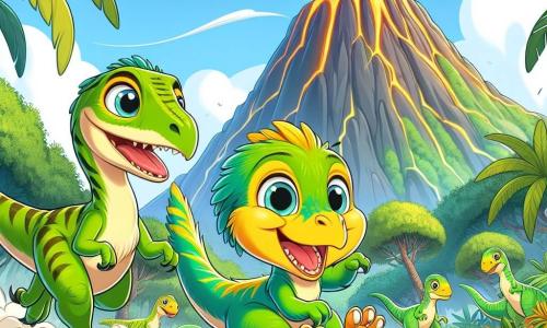 Um pequeno velociraptor chamado Rapi, com plumagem verde brilhante e olhos cheios de curiosidade, corre alegremente sobre um solo rochoso, seu sorriso largo revelando pequenos dentes afiados. Ao lado dele, sua mãe, um velociraptor maior com penas amarelas e uma expressão tranquilizadora, o guia segurando sua cauda. Ao fundo, uma montanha imponente com um vulcão fumegante, cercada por vegetação luxuriante e grandes folhas. A cena mostra Rapi e sua família correndo juntos, unidos e cheios de energia, enquanto um leve tremor de terra sacode o solo, criando uma atmosfera de aventura e emoção.