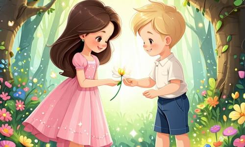 Em uma floresta mágica, três crianças estão no centro da imagem. Lúcia, uma menina de 8 anos com longos cabelos castanhos e um vestido rosa, sorri ao olhar para as flores coloridas. À sua direita, Tomás, um menino de 7 anos com cabelos loiros e olhos brilhantes, se ajoelha para tocar uma flor brilhante. À esquerda, Pedro, um menino de 6 anos com cabelos negros bagunçados e uma camiseta azul, levanta os braços para o alto, maravilhado com a beleza da cena. A floresta está cheia de árvores majestosas com troncos grossos e folhas verdes vibrantes. Flores de cores vivas, como amarelo, roxo e vermelho, florescem ao seu redor, enquanto borboletas dançam no ar. Um suave raio de sol filtra através dos galhos, criando uma atmosfera calorosa e mágica. As crianças descobrem que as flores podem falar e ensinam que a verdadeira felicidade vem do amor e do cuidado que se tem pela natureza e pelos outros. Elas ouvem atentamente, encantadas com esse encontro mágico.