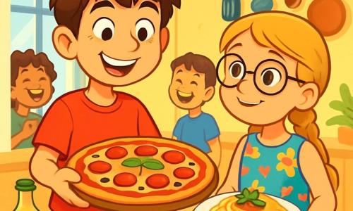 Un băiat de 12 ani, Alex, cu părul brun zbârlit și ochii strălucind de curiozitate, zâmbește vesel în timp ce ține o pizza pe care tocmai a pregătit-o. Poartă un tricou roșu aprins și o pereche de pantaloni scurți albaștri, iar fața lui exprimă mândrie și entuziasm. Lângă el, o fată de 11 ani, Mia, cu părul blond împletit și ochelari rotunzi, îl observă cu admirație, ținând o farfurie plină cu paste. Ea poartă o rochie cu flori colorate și pare încântată să participe la atelierul de gătit. Decorul este o bucătărie luminoasă și primitoare, cu pereți vopsiți în galben deschis, ustensile de bucătărie suspendate și ingrediente proaspete așezate pe blatul din lemn. Feroneriile permit luminii soarelui să pătrundă, iluminând încăperea cu o atmosferă călduroasă. Situația principală îi arată pe Alex și Mia pregătind împreună un fel de mâncare italian, înconjurați de alți copii care râd și se distrează, creând o atmosferă veselă și prietenoasă.