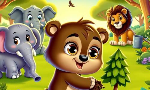 In the foreground, Benny, a small brown bear with sparkling eyes and a joyful smile, is planting a young tree in the ground. His paws are slightly dirty from the soil, and he looks at the sapling with pride, showing his commitment to helping nature. Next to him, Ellie, a gray elephant with large ears and a gentle expression, is using her trunk to water the young tree. She has a kind and encouraging look, showing her support for Benny. A little further away, Leo, a lion with golden fur and a majestic mane, is picking up litter with a paw, displaying a determined expression. He stands tall, ready to set an example for the other animals. The setting is a lush green park filled with large trees, colorful flowers, and a soft golden light from the setting sun. Birds can be seen flying in the blue sky and butterflies fluttering around the flowers. The main scene shows Benny and his friends in action, united in their mission to protect and beautify their forest, with a palpable sense of camaraderie and joy in the air.