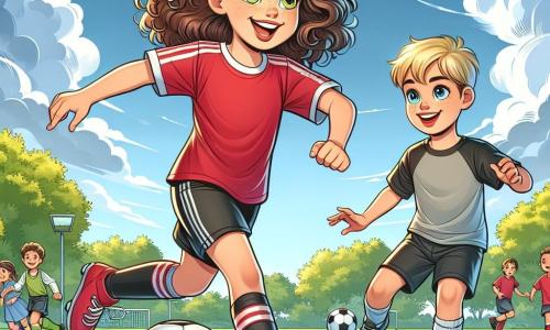 Clara, uma menina de 12 anos, está no centro da imagem, com cabelos castanhos cacheados e um grande sorriso no rosto, expressando alegria e determinação. Ela usa uma camisa de futebol vermelha e um short preto, driblando habilidosamente uma bola no campo. À sua direita, Lucas, um menino de 10 anos com cabelos loiros e olhos brilhantes, observa Clara com admiração, segurando uma bola de futebol debaixo do braço, pronto para aprender. O cenário é um parque verdejante, com árvores majestosas ao fundo, um céu azul salpicado de nuvens brancas e outras crianças jogando futebol em gramados bem cuidados. A cena principal mostra Clara dando dicas a Lucas sobre como driblar, enquanto se divertem juntos, cercados por uma atmosfera alegre e amigável, ilustrando o espírito esportivo e a amizade.