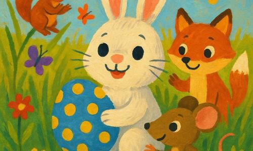 Max, ein kleiner weiß-grauer Hase mit flauschigem Fell und großen rosa Ohren, hockt fröhlich und hält behutsam ein blaues Ei mit gelben Punkten; rechts streckt die braune Maus Lili mit funkelnden Augen die Pfote zum Ei, leicht gebeugt zu Max, hinter ihm steht der rote Fuchs Leo mit neugierigem Gesicht und erhobener Pfote ermutigend, oben links auf einem hohen Halmen sitzt das rote Eichhörnchen Frida mit glitzerndem Hütchen und klatschenden Pfoten; Ort: sonnige Blumenwiese mit hohen grünen Gräsern und roten, gelben und violetten Blüten, Schmetterlinge umschwirren ein verstecktes Nest im Gras; Szene: fröhliche Entdeckung, zentriert auf das von Max gehaltene Ei; Stil: warme, kindliche Acrylmalerei mit sichtbaren Pinselstrichen, leuchtenden Farben und weichen Konturen.