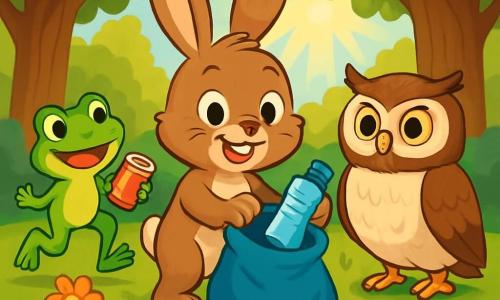 Ein kleiner Hase namens Max mit großen Ohren und weichem braunem Fell steht fröhlich im Mittelpunkt der Szene, lächelt mit funkelnden Augen voller Entschlossenheit. Er sammelt bunte Abfälle im grünen Gras, umgeben von leuchtenden Blumen. Rechts von ihm beobachtet eine weise Eule namens Ella mit weißen und braunen Federn und großen runden Augen aufmerksam, während sie eine Plastikflasche in ihren Krallen hält und einen ernsten, aber ermutigenden Ausdruck zeigt. Links springt ein kleiner Frosch namens Freddy mit glänzend grüner Haut und gelben Flecken fröhlich umher, während er eine Dose in seinen Pfoten hält und ein schelmisches Lächeln auf seinem Gesicht hat. Der Ort ist ein wunderschöner sonniger Wald, gefüllt mit majestätischen Bäumen mit üppigem grünem Laub, bunten Blumen und einem sanften Lichtstrahl, der durch die Äste filtert. Der Boden ist mit Abfällen, aber auch mit schönen Gräsern und Wildblumen bedeckt. Die Hauptsituation zeigt Max und seine Freunde in vollem Einsatz, wie sie ihre Kräfte bündeln, um den Wald zu reinigen, mit Ausdrücken von Freude und Kameradschaft, die die Bedeutung des gemeinsamen Schutzes der Natur veranschaulichen.