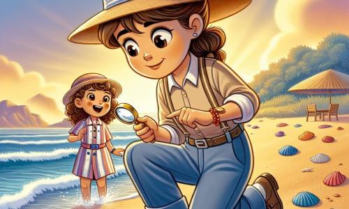 Una detective mujer, llamada Sofía, está en la playa, con una mirada decidida y curiosa. Lleva un sombrero de paja, una blusa beige y un pantalón azul, sosteniendo una lupa en su mano derecha. Su cabello castaño está atado en una coleta. Cerca, una niña de 8 años, Lucía, con cabello rizado y un traje de baño a rayas, juega en la arena, con los ojos brillando de alegría. La playa está bañada por la luz dorada del sol poniente, con suaves olas que acarician la orilla. Conchas coloridas están esparcidas sobre la arena fina. Sofía examina atentamente las huellas en la arena, buscando pistas para encontrar a Lucía.