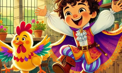 O príncipe Felipe, um garoto com cabelos cacheados e um grande sorriso, usa um chapéu colorido e uma capa brilhante. Ele dança alegremente na cozinha, com os braços levantados, expressando felicidade e um pouco de farinha no nariz. Ao lado dele, um frango dançarino, um frango animado com penas coloridas, faz piruetas enquanto espirra um pouco de limonada. Em um canto, a bruxinha Lúcia, uma menina com cabelos longos e negros, veste um vestido roxo e um chapéu pontudo, rindo enquanto segura um prato de bolos. A cozinha é encantada, com paredes de pedra, prateleiras cheias de potes de geleia e janelas que deixam entrar a luz dourada do sol. Flores coloridas decoram os peitoris das janelas, e uma grande mesa de madeira está cheia de delícias doces. A cena principal mostra o príncipe Felipe e seus amigos em uma festa, dançando e rindo juntos, enquanto o frango dançarino faz acrobacias, criando uma atmosfera alegre e mágica.