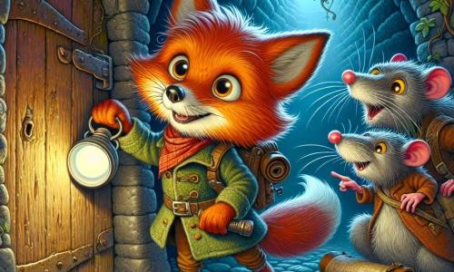 Felix, ein junger, schlauer Fuchs mit leuchtend orangefarbenem Fell und neugierigen Augen, steht vor einer alten, rostigen Tür, sein Herz schlägt vor Aufregung. In einer Pfote hält er eine kleine Taschenlampe und auf seinem Rücken trägt er einen Rucksack voller Abenteuerschätze. Neben ihm beobachten ihn zwei alte Ratten mit schelmischen Augen und zitternden Schnurrhaaren, eine von ihnen hält eine alte Karte, während die andere auf den Weg zeigt, beide voller Begeisterung und Weisheit. Der Ort ist ein dunkler, geheimnisvoller Tunnel mit rauen Steinwänden, in dem Pflanzenwurzeln wachsen und das Echo eines fernen Baches zu hören ist, was eine Atmosphäre von Abenteuer und Magie schafft. Felix ist bereit, die Tür zu öffnen, entschlossen, die Geheimnisse dahinter zu entdecken, während die Ratten ihn ermutigen, was eine Szene voller Spannung und Vorfreude erzeugt.