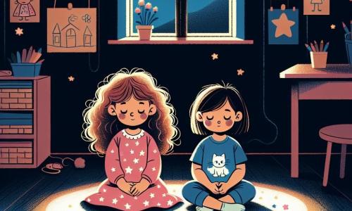 W ciemnej klasie dwie dziewczynki, Ania i Kasia, siedzą na miękkim dywanie na środku pomieszczenia. Ania, mająca 6 lat, ma długie kręcone włosy i nosi różową sukienkę w białe gwiazdki. Z ciekawością rozgląda się wokół, z lekkim uśmiechem na twarzy. Obok niej Kasia, również 6-letnia, ma gładkie brązowe włosy i niebieską koszulkę z narysowanym kotkiem. Ma jedną nogę nieco krótszą, ale siedzi prosto, pokazując determinację. Sala jest ozdobiona rysunkami dzieci na ścianach, a małe lampki w kształcie gwiazd delikatnie oświetlają przestrzeń, tworząc magiczną atmosferę. Okna są przyciemnione, wpuszczając wystarczająco dużo światła, aby widać było sylwetki dzieci. Dziewczynki biorą udział w specjalnej aktywności, gdzie uczą się pokonywać strach przed ciemnością. Ania i Kasia, trzymając się za ręce, zamykają oczy i głęboko oddychają, otoczone małymi migoczącymi światłami przypominającymi gwiazdy w nocy. Ich twarze pokazują, że zaczynają czuć się bardziej komfortowo i odważnie w obliczu ciemności.